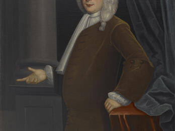Portrait painting of man standing next to column and curtain.