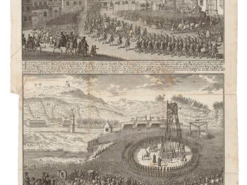 Print in two panels, with miniature portraits of two men at top of page, and German text below each panel: the top panel of procession of many people through city square, and the bottom panel of large crowd of people outdoors around a gallows on a tower.