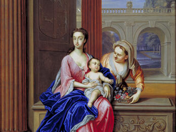 Portrait of Rachel da Costa with the Child Catharina Suasso Painting of woman holding baby on bench next to columned doorway as another woman leans over her.