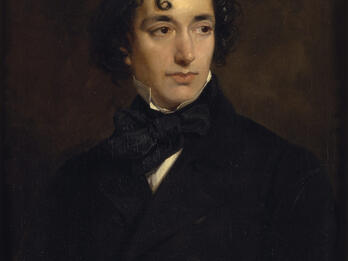 Portrait painting of young man looking to his left. 