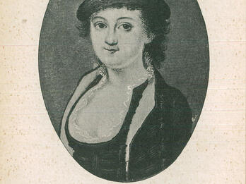 Portrait of Eva Frank Print of half-length portrait of woman in hat and dress with lace border, and Polish text underneath.