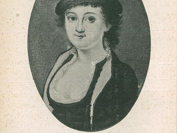Print of half-length portrait of woman in hat and dress with lace border, and Polish text underneath. 