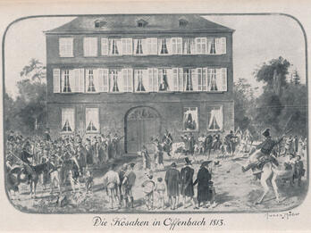 Image of house with many windows surrounded by soldiers on horseback and people. 