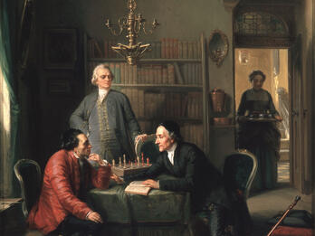 Painting of two men seated at a table with another man standing behind them, and woman in doorway carrying tray of tea. 