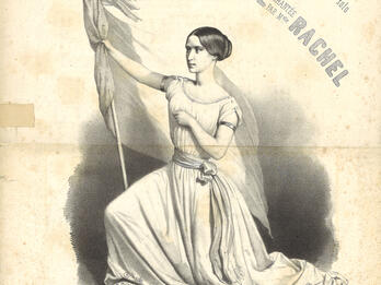 Printed page with woman kneeling in front holding large flag and French text surrounding. 