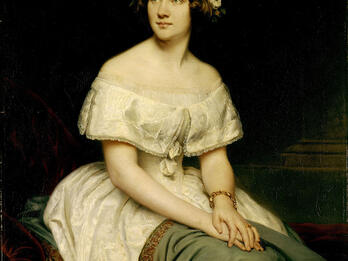 Portrait painting of woman wearing an off-the-shoulder dress and flowers in her hair, and her hands folded on lap. 