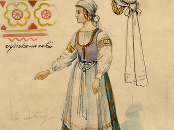 Drawing of floral image, young girl in costume, and bonnet.