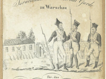 Page with drawing of three uniformed men holding bayonets and German headings above and below.