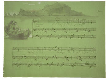 Sheet music featuring drawing of mountains and boat above staff.