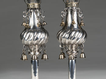 Spherical silver and gold Torah finials