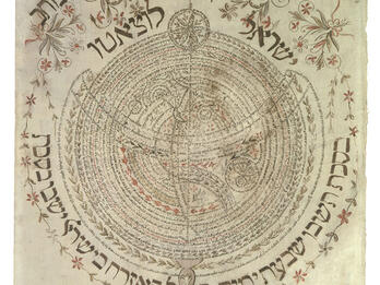 Paper with Hebrew text in the shape of an astrolabe. 
