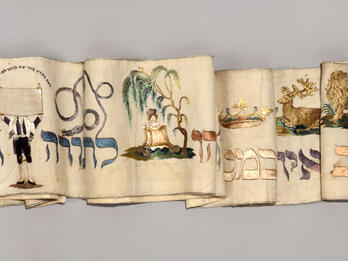 Textile featuring paintings of various animals and a crown.