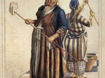 Jewish Women from Izmir Whitewashing Lithograph of two women washing walls in room with checkered floor.
