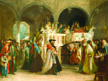 Painting depicting interior of building with arched columns featuring men in robes, hats, and turbans carrying Torah scrolls.