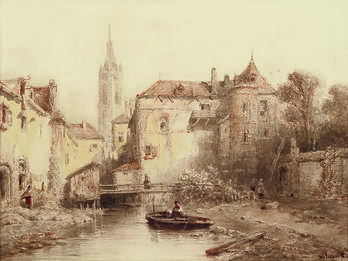 Ink and watercolor on paper depicting waterway with man in boat in foreground and city buildings, including bell tower, in background.