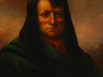 Portrait painting of man with long hair and necktie facing viewer.