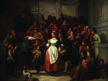 Painting of crowd of people next to building exterior and steps.