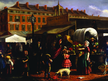 Painting of animals, men, women, and children at a street market with vendors. 
