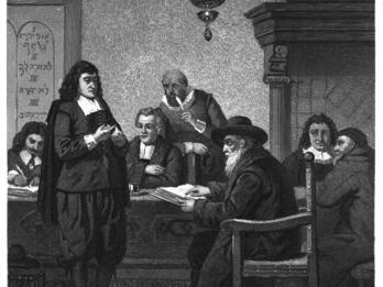 Lithograph of man with long hair standing before table of seated men.  