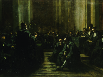 The Grand Sanhedrin Painting of men seated in dark room and one central figure standing.