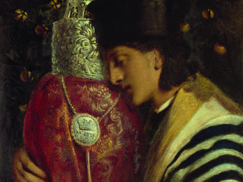 Painting of man with eyes closed holding Torah scroll. 