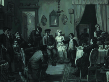 Painting of several men and a woman sitting next to boy speaking. 