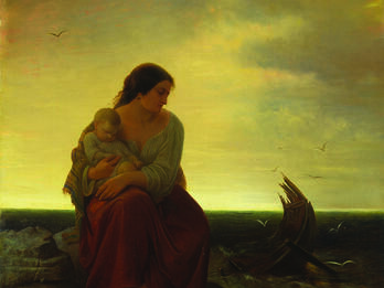 Fisherman’s Wife Mourning at the Shore Painting featuring seated woman holding a child and looking at a damaged boat in the water near the shore.