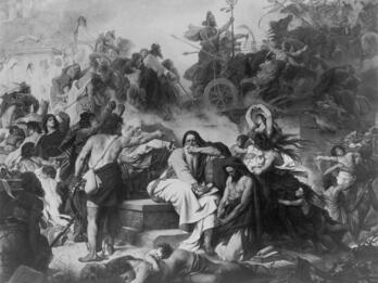 Painting of man seated with many figures around him and war scene in background.