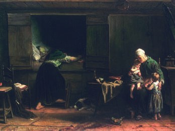 Painting of interior scene with woman throwing herself over the pale body of a man while an older woman watches two children.