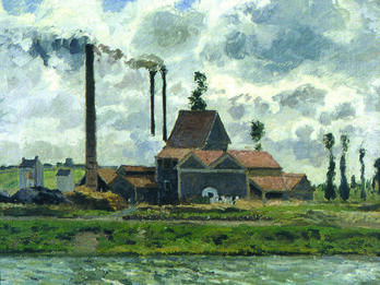 Painting of factory in background and water in foreground. 