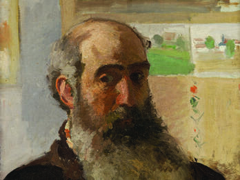 Self-portrait painting of bearded man facing viewer.