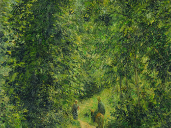 Painting depicting two people and animal walking through the woods away from viewer. 