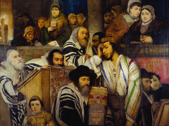 Jews Praying in the Synagogue on Yom Kippur Painting depicting men in skullcaps and prayer shawls in foreground at podiums, one holding a Torah scroll, and women in background in hats and shawls.