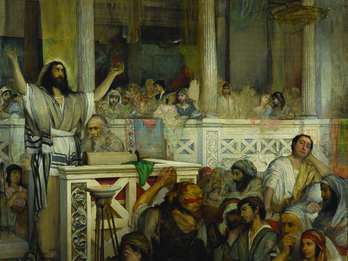 Painting of crowd in rows looking at figure standing at podium.