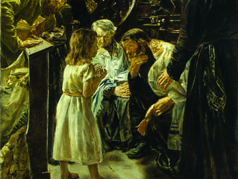 The Twelve-Year-Old Jesus in the Temple with the Scholars Painting of men next to lectern and staircase crowding around young boy.