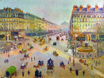 Painting depicting aerial view of sunny, busy city street with large fountain, and horses and wagons, and people walking throughout.  