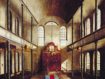 Painting of room featuring columns along side walls and second floor balcony, central podium, and Torah ark.