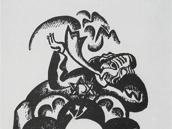 Stylized illustration of figure with shofar.