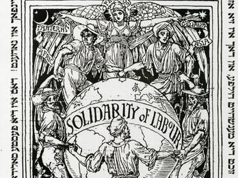Der arbayter fraynd (cover) Newspaper page with Yiddish and English title and drawing of workers circling the globe wrapped in a banner that states "Solidarity of Labour."