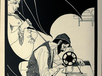Illustration of winged devil sucking blood from the neck of a man in head covering seated at a sewing machine.