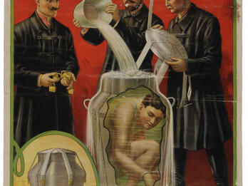 Poster of men pouring water over man sitting in can filled with water and secured by locks.