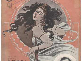 Sadie Salome, Go Home! Poster with English text and image of woman with flowing hair, and photograph of man in right bottom corner.