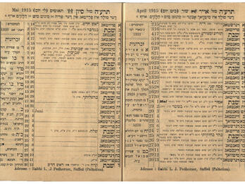Almanac for the Year 5675 Facing pages with Yiddish text in columns and some French and English text in margins.