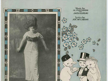 At the Yiddish Wedding Jubilee Page with English title and photograph of woman in dress, next to drawings of three baby-like figures, one in dress, one in suit, and one with beard and hat.