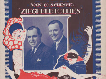 Poster with English text and photograph of two men, surrounded by drawing of a clown and a woman in a mask dancing.