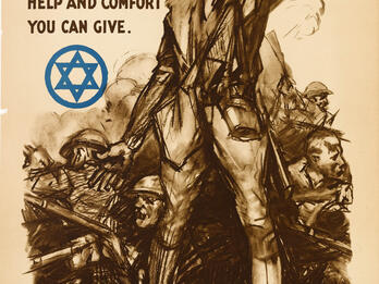 Civilians (Poster) Page with drawing of soldiers and English text across top and bottom, with Star of David on left side of page.