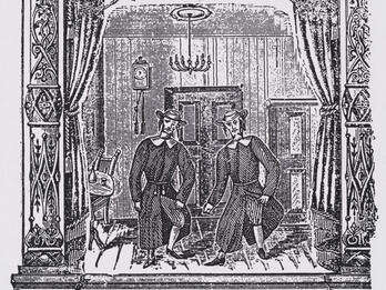 Two Kuni Lemels Printed page with Yiddish heading and drawing of two figures on a stage.