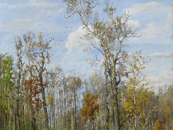 In der Krieau Painting of wooded landscape with path through the middle, and several women on either side sitting and walking.