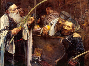 Sukkoth Painting of man in prayer shawl holding fronds and standing next to men on bench holding citrus fruit.