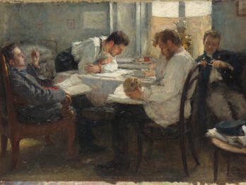 Painting of four men sitting around a table holding books, a skull, and other implements.